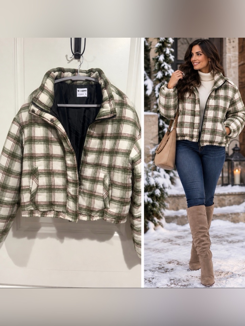 Cisono Women’s Green Plaid Oversized Cropped Puffer Jacket sz L